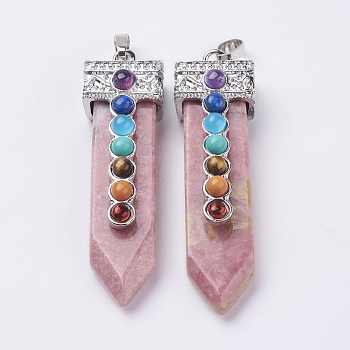 Natural Rhodonite with Synthetic & Natural Mixed Stone Chakra Big Pendants, Sword, Platinum, 57~60x16.5x12mm, Hole: 5mm