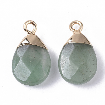 Natural Green Aventurine Pendants, with Top Golden Plated Iron Loops, Teardrop, Faceted, 17~19x10x5mm, Hole: 1.8mm