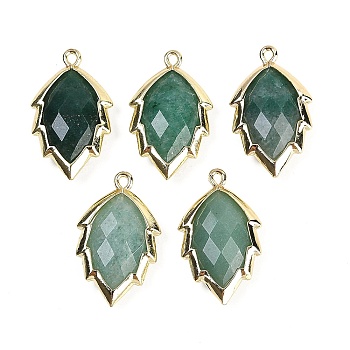 Natural Green Aventurine Faceted Leaf Pendants, Rack Plating Brass Charms, Golden, 23x13.5x5.5mm, Hole: 1.2mm