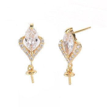 Brass Micro Pave Clear Cubic Zirconia Earring Findings, for Half Drilled Beads, Nickel Free, Real 18K Gold Plated, 19.5x8mm, Pin: 0.7mm, Pin: 0.7mm(for half drilled beads)