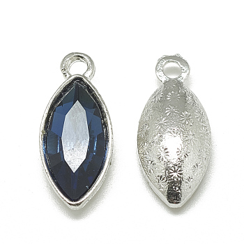 Alloy Glass Pendants, Faceted, Horse Eye, Platinum, Prussian Blue, 20x9x5mm, Hole: 1.5mm
