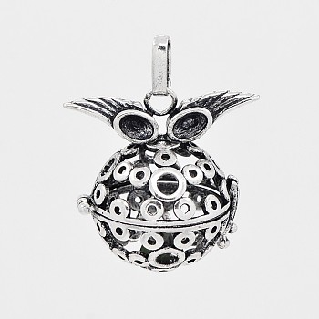 Brass Hollow Cage Pendants, For Chime Ball Pendant Necklaces Making, Round with Wing, Antique Silver, 32x32x22mm, Hole: 3x8mm, Inner Diameter: 20mm