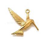 304 Stainless Steel Pendants, Ion Plating(IP), Hummingbird Charms, Real 18K Gold Plated, 32.5x22.5x3.5mm, Hole: 1.8mm(STAS-E545-01G)