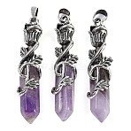Natural Amethyst Faceted Double Termimal Pointed Big Pendants, Hexagonal Prism Charms with Alloy Rose Wrapped, Antique Silver, 51~53x14x10.5mm, Hole: 4.5mm(G-P547-03AS-04A)