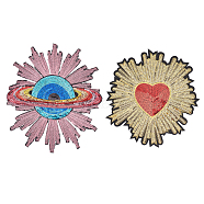 Fingerinspire 2Pcs 2 Style Planet & Heart Computerized Embroidery Cloth Iron On Sequins Patches, Stick On Patch, Costume Accessories, Appliques, Mixed Patterns, 220~250x200~215x1mm, 1pc/style(PATC-FG0001-20)