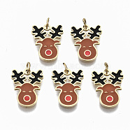 316 Surgical Stainless Steel Enamel Charms, with Jump Rings, Sienna & Black Christmas Reindeer/Stag, Real 14K Gold Plated, 12x10x1mm, Jump Ring: 3.5x0.5mm, 2.5mm inner diameter(STAS-S116-009G)