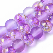 Frosted Spray Painted Glass Beads Strands, with Golden Foil, Round, Violet, 6~7mm, Hole: 1.2~1.5mm, about 65~67pcs/Strand, 14.76 inch~15.12 inch(37.5~38.4cm)(X-GLAA-N035-03B-C05)