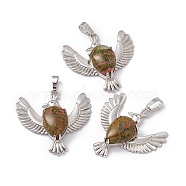 Natural Unakite Pendants, Bird Charms, with Platinum Tone Brass Findings, Cadmium Free & Nickel Free & Lead Free, 36~37x37.5~38.5x9~9.5mm, Hole: 7.5x5mm(G-P484-05P-07)