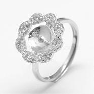 Adjustable 925 Sterling Silver Ring Components, For Half Drilled Beads, with Micro Pave Cubic Zirconia, Flower, Platinum, 17mm, tray: 7mm, pin: 0.8mm(STER-F026-09P)