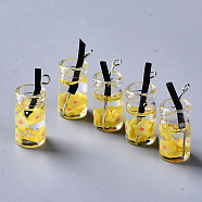 Glass Bottle Pendants, with Resin & Polymer Clay inside, Plastic and Platinum Tone Iron Eye Pin, Imitation Juice Bottle, Yellow, 24~26x10mm, Hole: 1.6mm(GLAA-S181-11E)