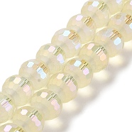 Electroplate Glass Beads Strands, Rainbow Plated, Frosted and Faceted(96 Facets), Round, Cornsilk, 9.5~10x9~9.5mm, Hole: 1.8mm, about 69~70pcs/strand, 24.57''(62.4~63.1cm)(EGLA-Z001-03A-FR02)