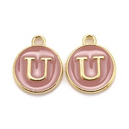 Golden Plated Alloy Enamel Charms, Cadmium Free & Lead Free, Enamelled Sequins, Flat Round with Letter, Pink, Letter.U, 14x12x2mm, Hole: 1.5mm(X-ENAM-S118-07U)