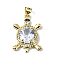 Rack Plating Real 18K Gold Plated Brass Micro Pave Cubic Zirconia Pendants, with Glass, Long-Lasting Plated, Lead Free & Cadmium Free, Turtle, Clear, 24x16.5x5.5mm, Hole: 3x3.5mm(KK-B084-06G-06)