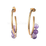 Stud Earrings, Half Hoop Earrings, with Natural Amethyst Beads, Golden Plated 304 Stainless Steel Stud Earring Findings and Copper Wire, 39x32.5mm, Pin: 0.8mm(EJEW-JE03956-01)