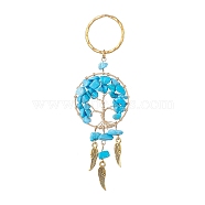 Woven Net/Web with Wing Pendant Keychain, with Synthetic Turquoise Chips and Iron Key Rings, Flat Round with Tree of Life, 10.9~11cm(KEYC-JKC00481-04)
