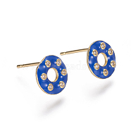 Brass Micro Pave Cubic Zirconia Ear Studs, with Enamel, Donut, Clear, Golden, Blue, 9.5~10mm, Pin: 0.7mm(EJEW-F209-04A-G)
