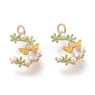 Brass Micro Pave Clear Cubic Zirconia Charms, with Jump Rings, with Enamel and ABS Plastic Imitation Pearl, Long-Lasting Plated, Flower with Butterfly, Real 18k Gold Plated, 14x10.5x3.2mm, Hole: 2.5mm(KK-F820-27G)