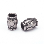 304 Stainless Steel European Beads, Large Hole Beads, Drum with Flower & Word, Antique Silver, 10.5x7.5~8mm, Hole: 4.5mm(STAS-G220-19AS)