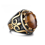 Natural Tiger Eye Oval Finger Ring, Titanium Steel Wide Ring, Golden, US Size 9(18.9mm)(PW-WG56139-10)