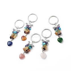 Heart Natural & Synthetic Mixed Stone Chips & Pendant Keychain, with Iron Split Key Rings, 9.5cm(KEYC-JKC00359)