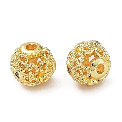 Rack Plating Brass Micro Pave Clear Cubic Zirconia Beads, Long-Lasting Plated, Cadmium Free & Lead Free, Round with Hollow Flower, Real 18K Gold Plated, 8mm, Hole: 1.4mm(KK-B078-09G18)