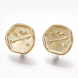 Brass Stud Earring Findings, with Loop, Real 18K Gold Plated, Hexagon with Arrow, 12.5x13.5mm, Hole: 2mm, Pin: 0.8mm(X-KK-T038-458G)