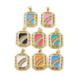 Brass Enamel Pendants, with Micro Pave Cubic Zirconia, Rectangle with Rainbow Charms, Real 18K Gold Plated, Mixed Color, 24x19x3mm, Hole: 5x3.5mm(KK-U044-13G)