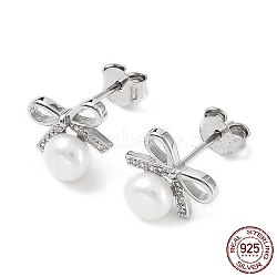 Cubic Zirconia Bowknot with Natural Pearl Stud Earrings, Rhodium Plated 925 Sterling Silver Earrings for Women, Platinum, 10x11mm(EJEW-F318-09P)