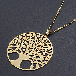 201 Stainless Steel Pendants Necklaces, with Cable Chains and Lobster Claw Clasps, Flat Round with Tree, Golden, 17.71 inch(45cm), 1.5mm(NJEW-S105-JN701-45-2)