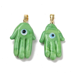 Handmade Lampwork Pendants, with Real 18K Gold Plated Brass Findings, Cadmium Free & Lead Free, Hamsa Hand/Hand of Miriam with Evil Eye, Lime Green, 30x17x5.5mm, Hole: 5x3.5mm(LAMP-P057-02G-04)