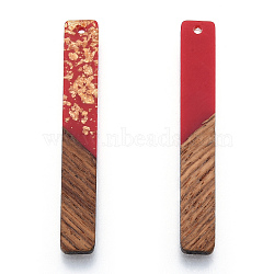 Opaque Resin & Walnut Wood Big Pendants, with Gold Foil, Rectangle Charm, Dark Red, 51.5x7.5x3mm, Hole: 1.8mm(RESI-N025-034-E04)