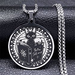 304 Stainless Steel Enamel Witch Cat with Book Pendant Necklaces, Box Chains Necklaces for Women Men, Stainless Steel Color, 19.53 inch(49.6cm)(NJEW-G115-06P)