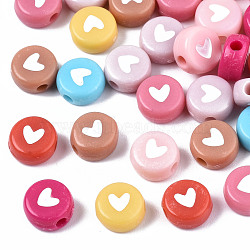 Opaque Acrylic Beads, with Enamel, Flat Round with Heart, Mixed Color, 6.5x7x4mm, Hole: 1.6mm, about 360~370pcs/50g(X-MACR-N008-51-B01)