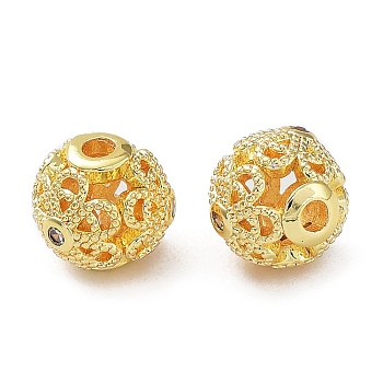 Rack Plating Brass Micro Pave Clear Cubic Zirconia Beads, Long-Lasting Plated, Cadmium Free & Lead Free, Round with Hollow Flower, Real 18K Gold Plated, 8mm, Hole: 1.4mm