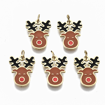 316 Surgical Stainless Steel Enamel Charms, with Jump Rings, Sienna & Black Christmas Reindeer/Stag, Real 14K Gold Plated, 12x10x1mm, Jump Ring: 3.5x0.5mm, 2.5mm inner diameter