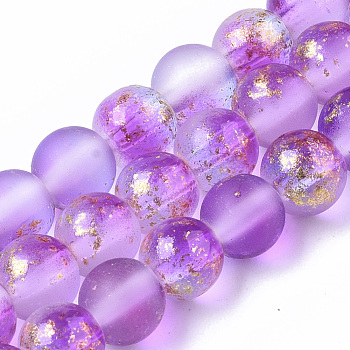 Frosted Spray Painted Glass Beads Strands, with Golden Foil, Round, Violet, 6~7mm, Hole: 1.2~1.5mm, about 65~67pcs/Strand, 14.76 inch~15.12 inch(37.5~38.4cm)