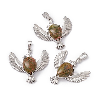 Natural Unakite Pendants, Bird Charms, with Platinum Tone Brass Findings, Cadmium Free & Nickel Free & Lead Free, 36~37x37.5~38.5x9~9.5mm, Hole: 7.5x5mm