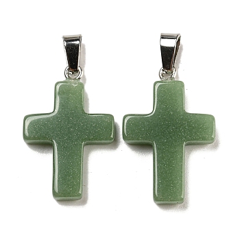 Synthetic Luminous Stone Dyed Pendants, Glow in the Dark Cross Charms with Platinum Plated Iron Snap on Bails, Medium Sea Green, 28x18x4.5mm, Hole: 7x4mm