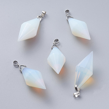 Opalite Pendants, with Platinum Tone Brass Ice Pick Pinch Bails, Faceted, Bicone, 45~46x16~17mm, Hole: 4.5x4mm