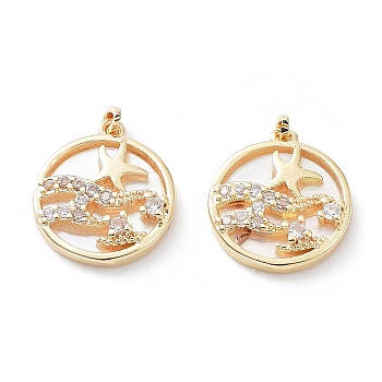 Rack Plating Brass Shell Pendants, with Cubic Zirconia, Long-Lasting Plated, Flat Round Charms, Real 18K Gold Plated, 13x12x2.5mm, Hole: 1.2mm