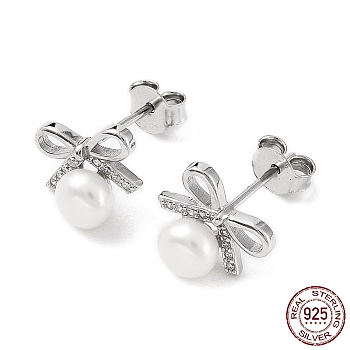 Cubic Zirconia Bowknot with Natural Pearl Stud Earrings, Rhodium Plated 925 Sterling Silver Earrings for Women, Platinum, 10x11mm
