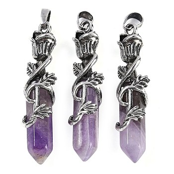 Natural Amethyst Faceted Double Termimal Pointed Big Pendants, Hexagonal Prism Charms with Alloy Rose Wrapped, Antique Silver, 51~53x14x10.5mm, Hole: 4.5mm