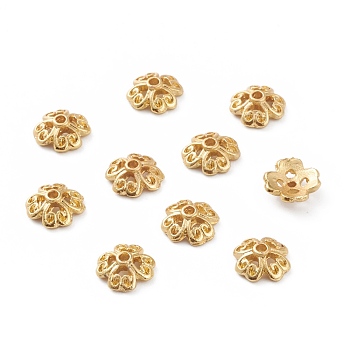Alloy Bead Caps, Long-Lasting Plated, Multi-Petal Flower, Real 18K Gold Plated, 7.3x2mm, Hole: 1mm