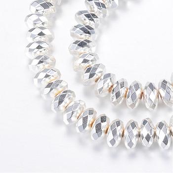 Electroplate Non-magnetic Synthetic Hematite Bead Strands, Rondelle, Faceted, Silver Plated, 5.5~6x3mm, Hole: 1~1.5mm, about 130pcs/strand, 15.7 inch