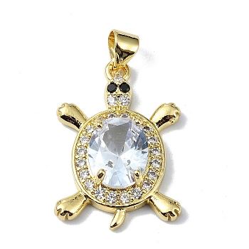 Rack Plating Real 18K Gold Plated Brass Micro Pave Cubic Zirconia Pendants, with Glass, Long-Lasting Plated, Lead Free & Cadmium Free, Turtle, Clear, 24x16.5x5.5mm, Hole: 3x3.5mm