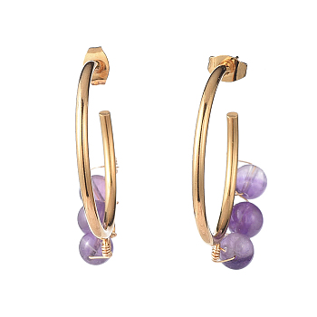 Stud Earrings, Half Hoop Earrings, with Natural Amethyst Beads, Golden Plated 304 Stainless Steel Stud Earring Findings and Copper Wire, 39x32.5mm, Pin: 0.8mm