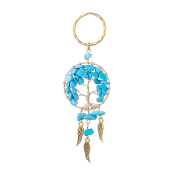 Woven Net/Web with Wing Pendant Keychain, with Synthetic Turquoise Chips and Iron Key Rings, Flat Round with Tree of Life, 10.9~11cm