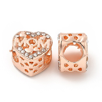 Rack Plating Alloy Rhinestone European Beads, Large Hole Beads, Heart with Word Mom, Rose Gold, 11x11.5x8.5mm, Hole: 5mm