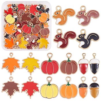 64Pcs 16 Styles Autumn Theme Alloy Enamel Pendants, Golden, Maple Leaf Charms & Pumpkin & Pne Cone & Squirrel, Mixed Color, 15.5~23.5x7~19x1~3mm, Hole: 1~2mm, 4pcs/style