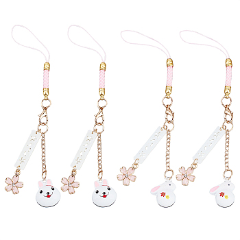 4Pcs 2 Style Alloy Mobile Accessories Decoration, Polyester Rope, with Brass & Iron Finding, Resin Pendant, Flower and Rabbit, Colorful, 14.5~15cm, 2pcs/style
